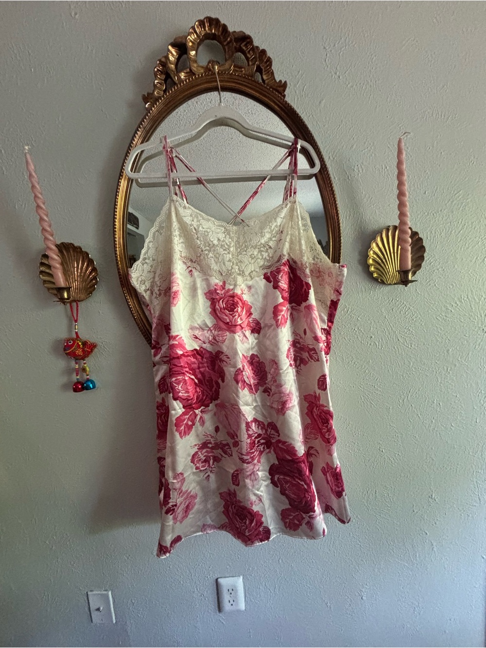 Floral Lace Trim Cami Chemise Slip Lingerie - Pink Rose Print